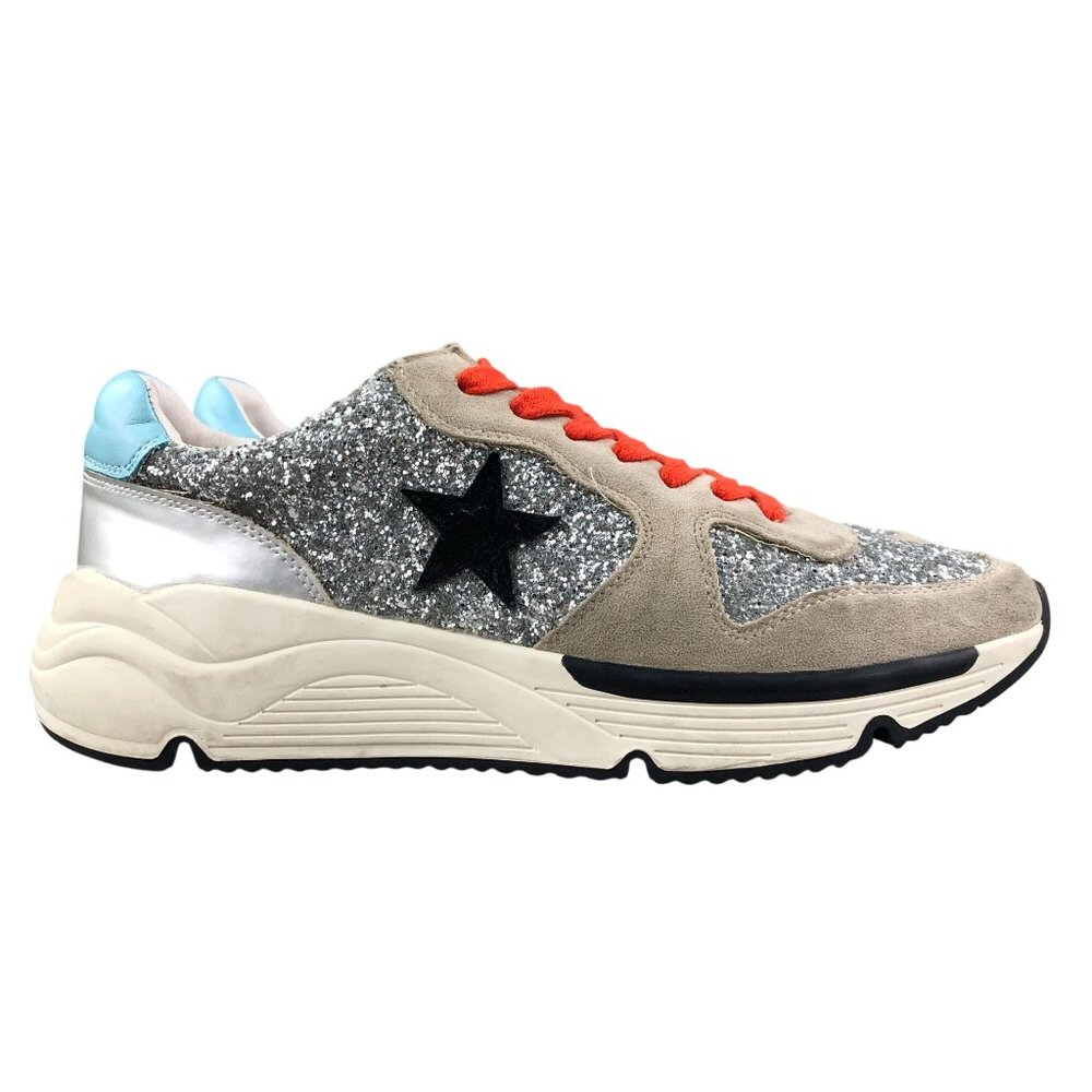 Oasis Society Women's Size 8.5 Star Tan Silver Black Glitter Lace-Up Sneakers